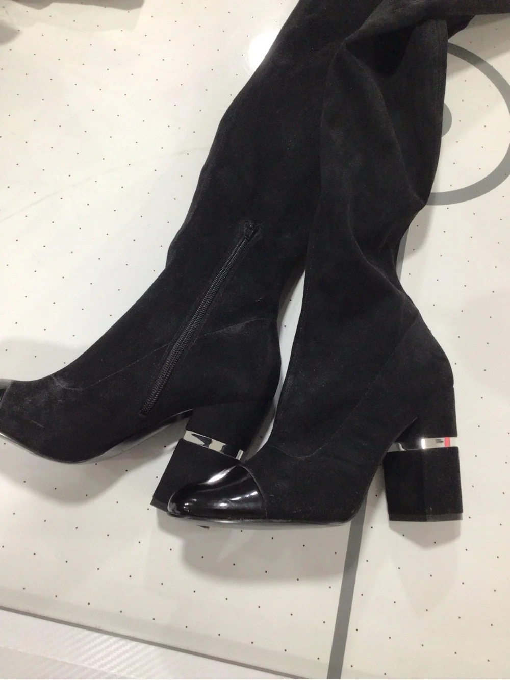 Marc Fisher Black Over-the-Knee Suede Boots with Patent Cap Toe